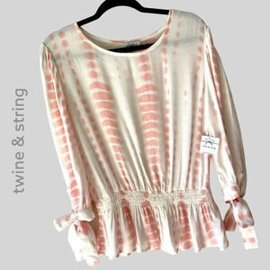 NWT | TWINE & STRING | PINK WHITE TIE DYE PEPLUM TOP LONG SLEEVE | SIZE: LARGE